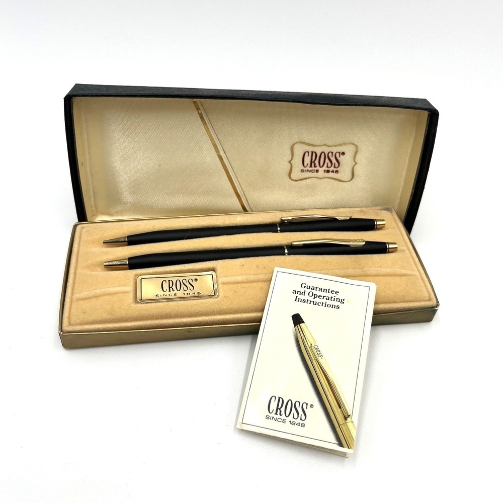Vintage Cross Century Pen and‎ Pencil Set Black Matte with Gold Trim WORKING